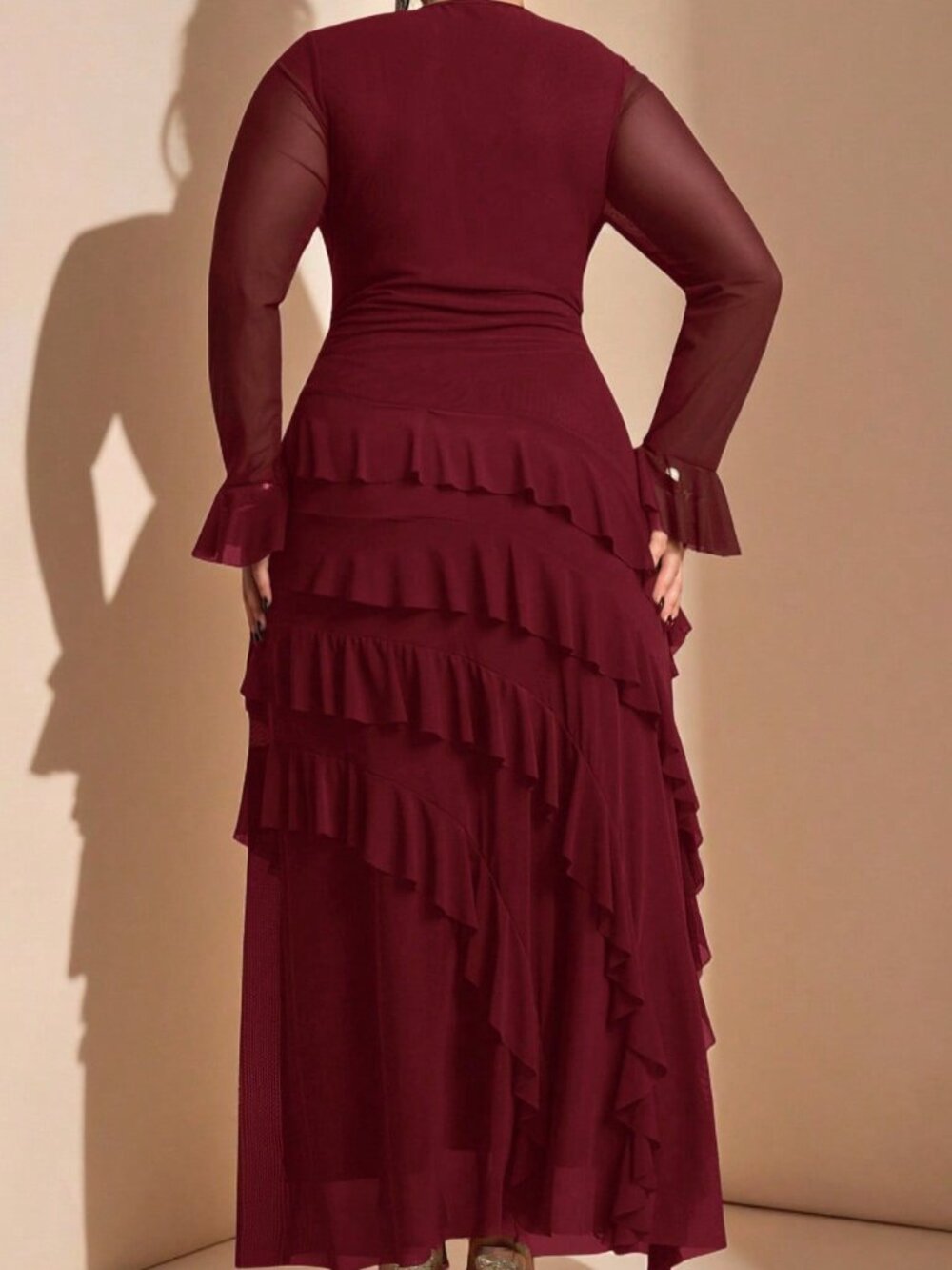 Burgundy Elegant Women's Plus Size Knot Ruffle Tiered Long Dress - Picture 2 of 6